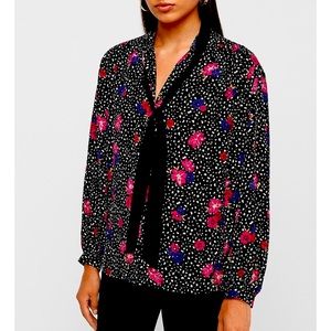 Express Floral Tie Neck Black Balloon Sleeve Blouse